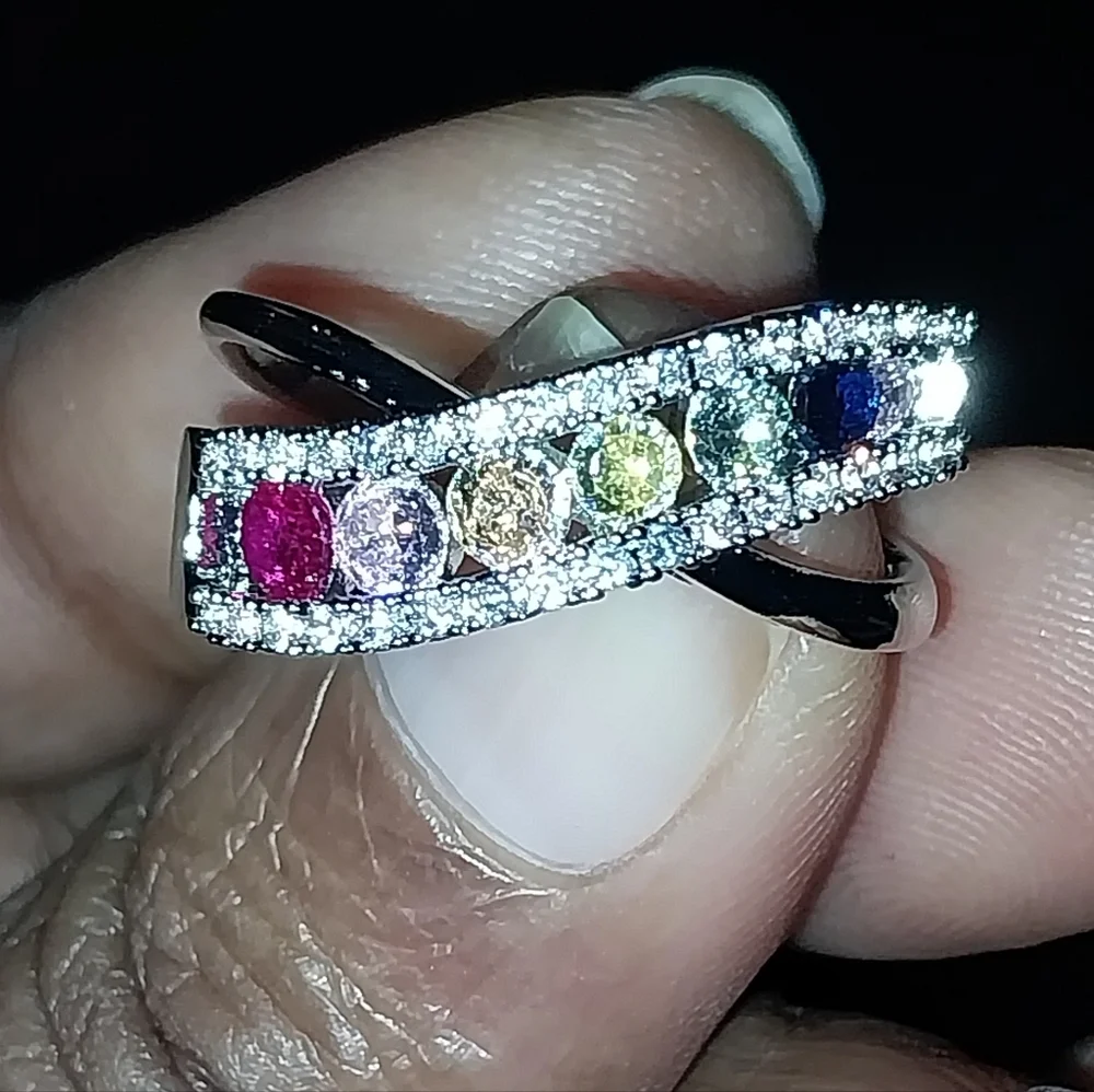 Elegant Multicolor Gemstone Silvery Ring Sz 7